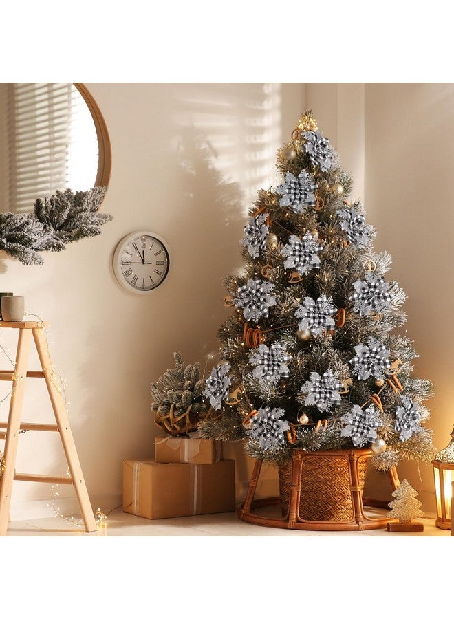 Canlierr 5.7 Inch Artificial Poinsettias Christmas Glitter Flowers With Clips Xmas Tree Flower Ornament Poinsettias Decor (Black And White Buffalo With Silver Petals,12 Pieces)  - Image 3