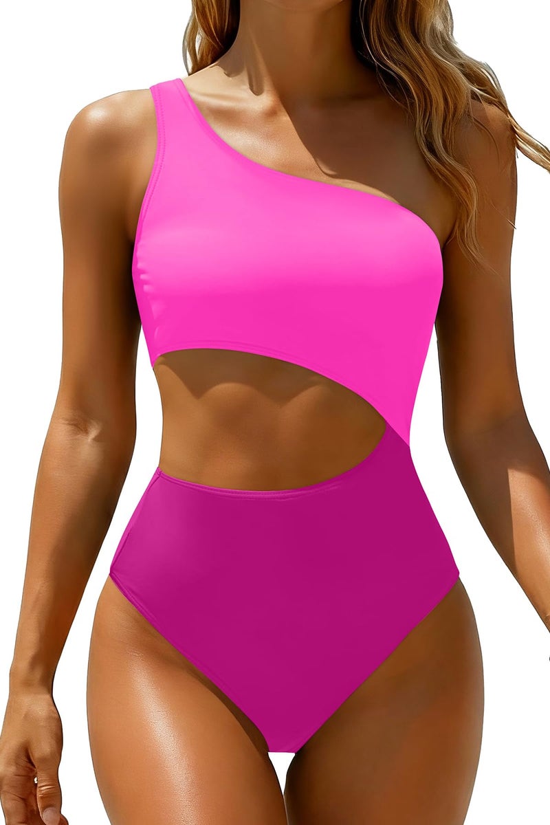 Yonique Women's One Piece Swimsuit- One Shoulder Bathing Suit Cutout Tummy Control Swimwear Pink S - Image 1