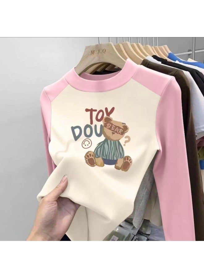 Girls' Ribbed Thermal Round Neck Base Shirt Autumn Winter New Color-block Long-sleeve Top For Older Children
