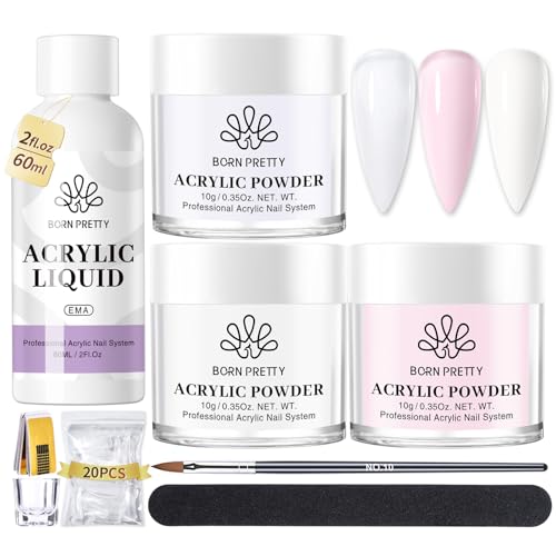 BORN PRETTY Acrylic Nail Kit Acrylic Powder Clear White Pink Liquid Set with Nail Forms Brush Pen File Glass Container Beginner Friendly - Image 2