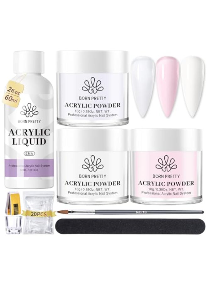 BORN PRETTY Acrylic Nail Kit Acrylic Powder Clear White Pink Liquid Set with Nail Forms Brush Pen File Glass Container Beginner Friendly - Image 1