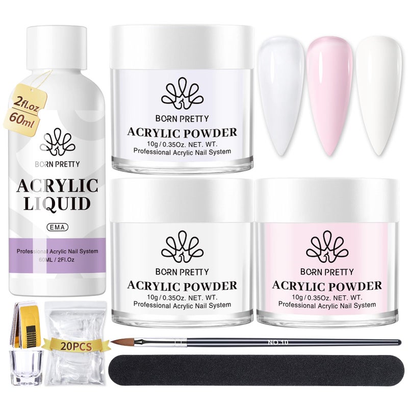 BORN PRETTY Acrylic Nail Kit Acrylic Powder Clear White Pink Liquid Set with Nail Forms Brush Pen File Glass Container Beginner Friendly - Image 3