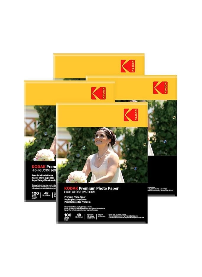 Kodak - Kodak 260 GSM 4R (102x152mm) Instant Dry Waterproof High Glossy Photo Paper Compatible with all Inkjet Printers - 4 Pack x 100 Sheets - Image 1