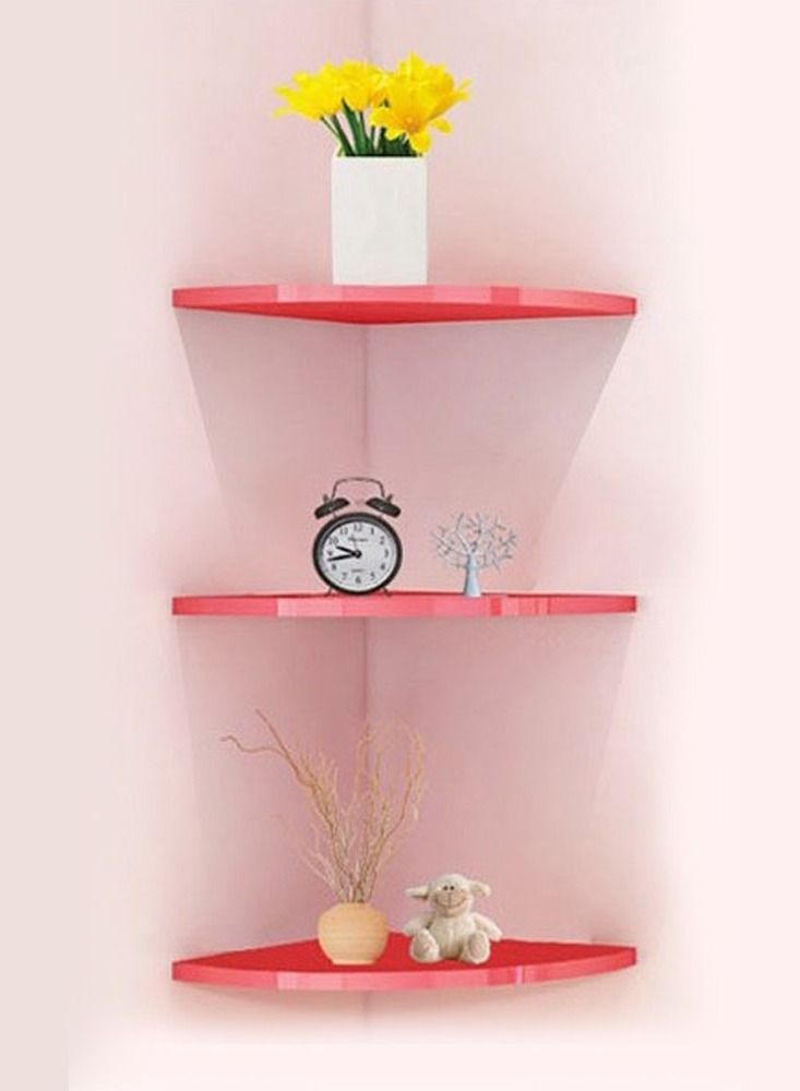 MARGOUN Floating Corner Wall Shelf 3Pcs Triangle Bookshelf Home Decor 3 Tier Display Organizer 25cm Red White  - Image 1
