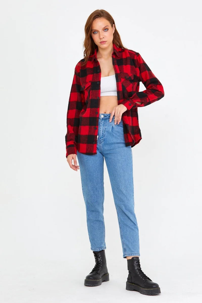 Cool Tarz Cool Style Red Women Slim Fit Button Down Collar Double Pocket Lumberjack Plaid Shirt