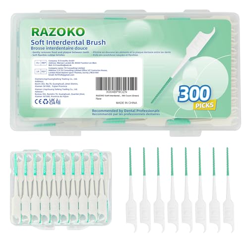 RAZOKO Soft Interdental Brushes Original, Dental Picks for Cleaning Teeth, Disposable Interdental Brushes, with Convenient Carry Case (Green, 300 Count) - Image 1