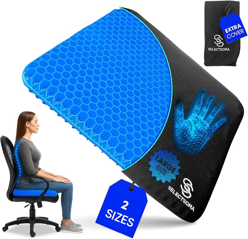 SelectSoma Super Large Gel Seat Cushion for Long Sitting - 18.5" x 17.5" - Breathable Cooling Design - Pressure Relief for Sciatica, Tailbone & Back - Office Chair, Wheelchair, Car & Truck Cushion - Image 1