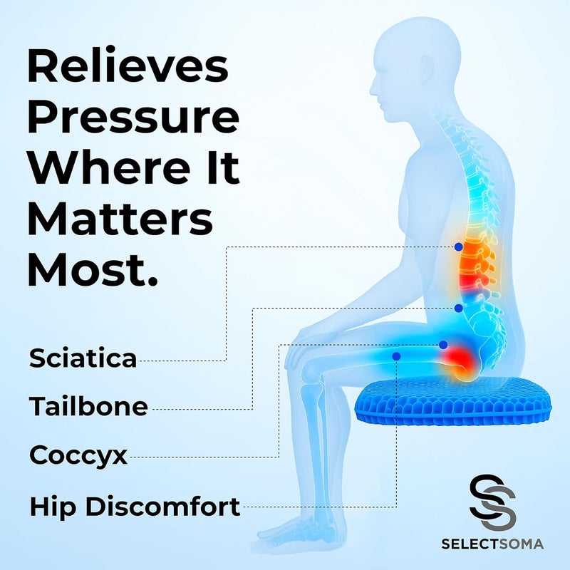SelectSoma Super Large Gel Seat Cushion for Long Sitting - 18.5" x 17.5" - Breathable Cooling Design - Pressure Relief for Sciatica, Tailbone & Back - Office Chair, Wheelchair, Car & Truck Cushion - Image 5