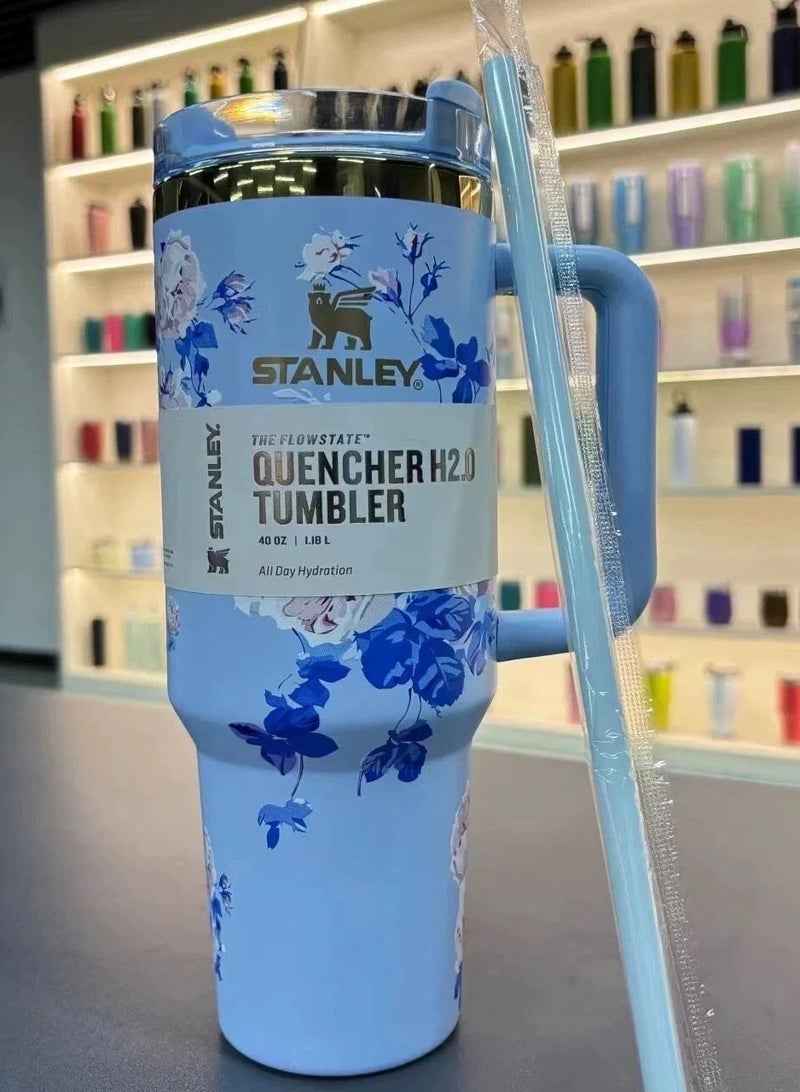 Stanley Love Shack Fancy H2.0 Flow State 40oz Blue Rose Tumbler, Stainless Steel Vacuum Insulated Quencher with Lid, Straw, and Stopper, Ideal for Water and Iced Tea, Keeps Drinks Cold. - Image 1