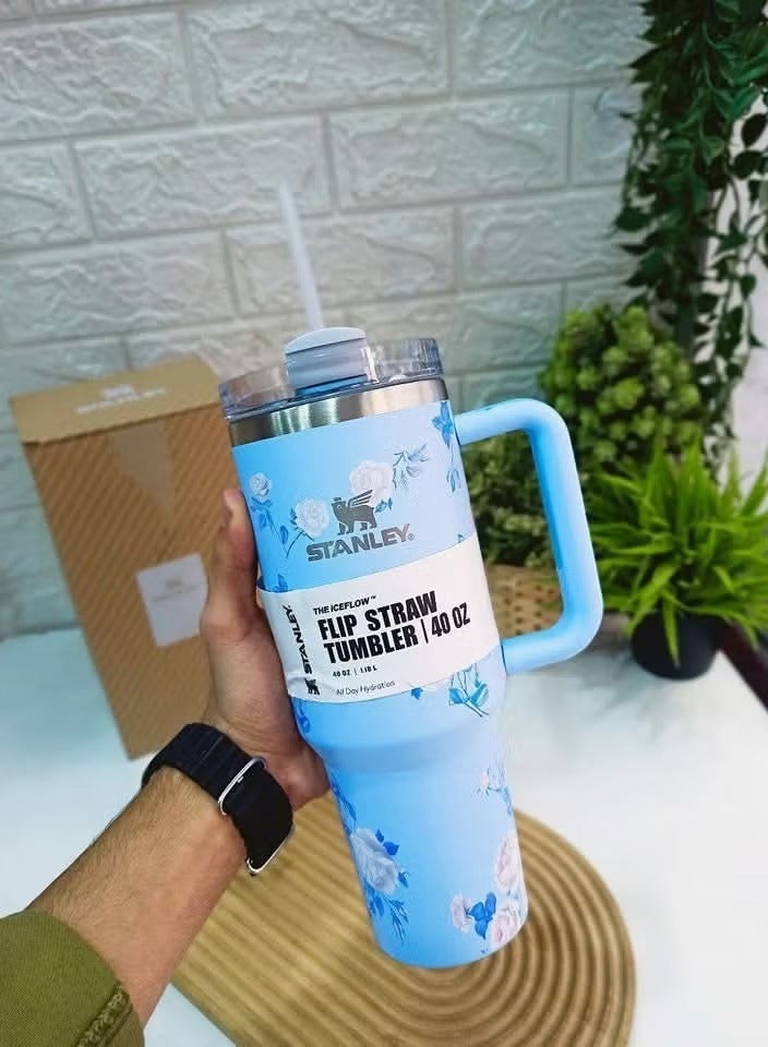 Stanley Love Shack Fancy H2.0 Flow State 40oz Blue Rose Tumbler, Stainless Steel Vacuum Insulated Quencher with Lid, Straw, and Stopper, Ideal for Water and Iced Tea, Keeps Drinks Cold. - Image 2