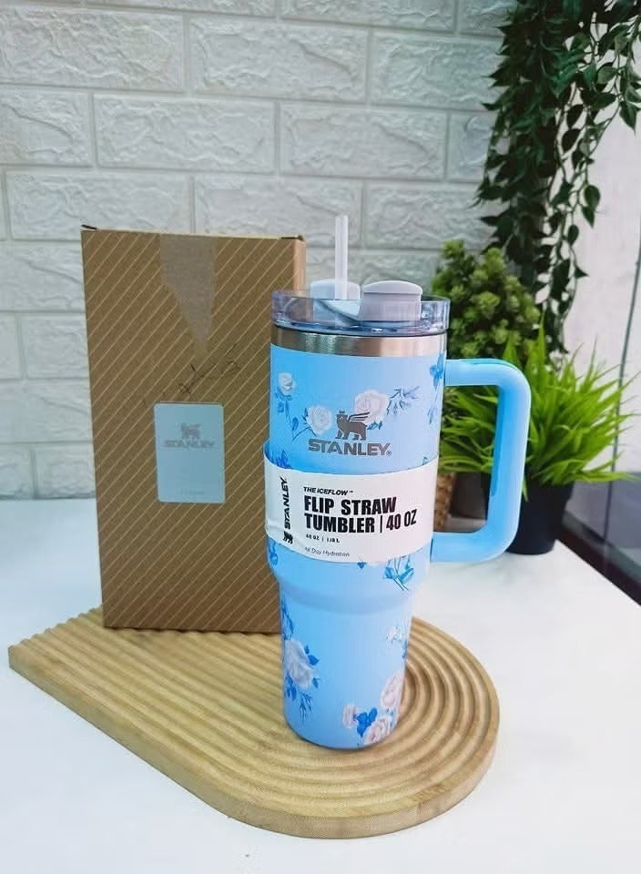 Stanley Love Shack Fancy H2.0 Flow State 40oz Blue Rose Tumbler, Stainless Steel Vacuum Insulated Quencher with Lid, Straw, and Stopper, Ideal for Water and Iced Tea, Keeps Drinks Cold. - Image 3