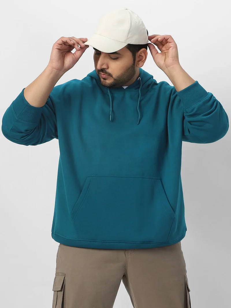 Urbano Plus Men's Fog Teal Green Cotton Solid Oversized Hooded Neck Sweatshirt