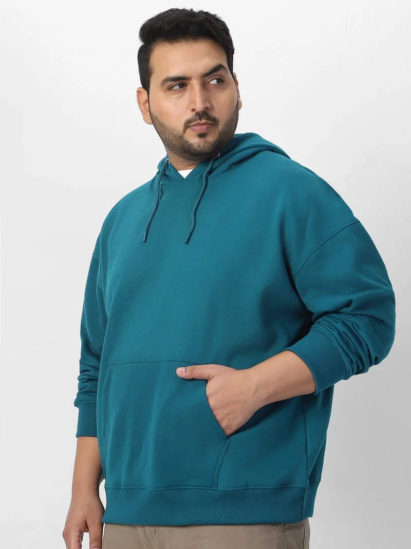 Urbano Plus Men's Fog Teal Green Cotton Solid Oversized Hooded Neck Sweatshirt
