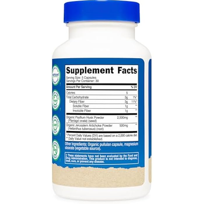 Nutricost Fiber Capsules with Prebiotic Fiber Supplement 150 Capsules - CCOF Certified Supplement, Made with Organic Psyllium Husk & Organic Jerusalem Artichoke, Gluten Free, 3 G Per Serving - Image 5