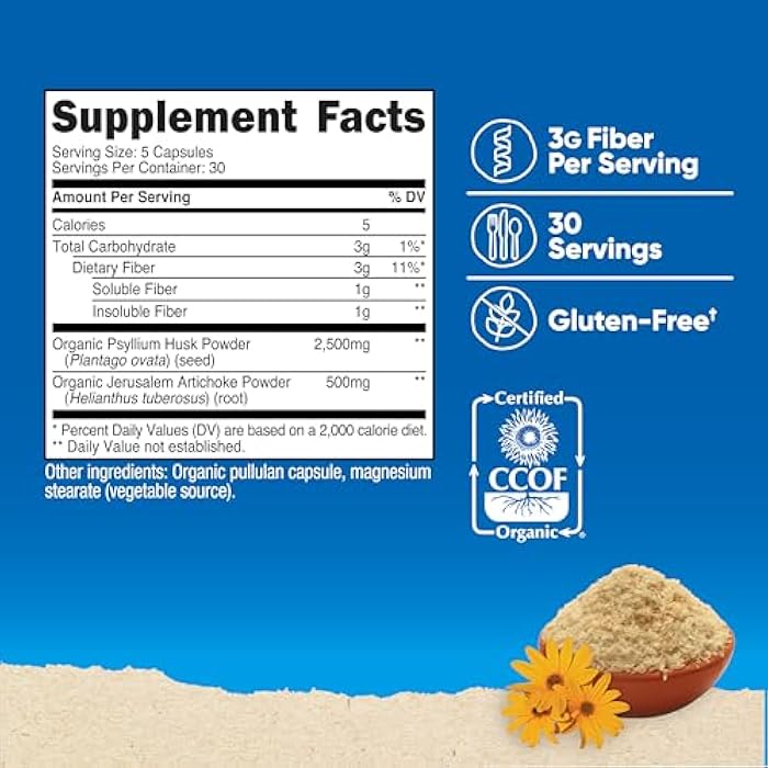Nutricost Fiber Capsules with Prebiotic Fiber Supplement 150 Capsules - CCOF Certified Supplement, Made with Organic Psyllium Husk & Organic Jerusalem Artichoke, Gluten Free, 3 G Per Serving - Image 2