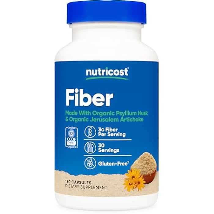 Nutricost Fiber Capsules with Prebiotic Fiber Supplement 150 Capsules - CCOF Certified Supplement, Made with Organic Psyllium Husk & Organic Jerusalem Artichoke, Gluten Free, 3 G Per Serving - Image 1