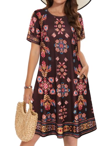 elescat Summer Dresses for Women Casual Short Sleeve Loose Beach Cover Up Scoop Neck Floral Sundress with Pockets(Brown Boho, L) - Image 1