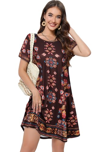 elescat Summer Dresses for Women Casual Short Sleeve Loose Beach Cover Up Scoop Neck Floral Sundress with Pockets(Brown Boho, L) - Image 2
