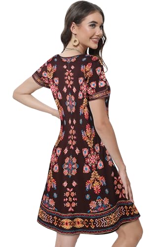 elescat Summer Dresses for Women Casual Short Sleeve Loose Beach Cover Up Scoop Neck Floral Sundress with Pockets(Brown Boho, L) - Image 5