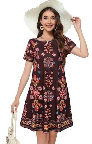 elescat Summer Dresses for Women Casual Short Sleeve Loose Beach Cover Up Scoop Neck Floral Sundress with Pockets(Brown Boho, L) - Image 3