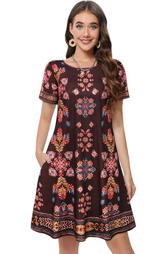elescat Summer Dresses for Women Casual Short Sleeve Loose Beach Cover Up Scoop Neck Floral Sundress with Pockets(Brown Boho, L) - Image 4