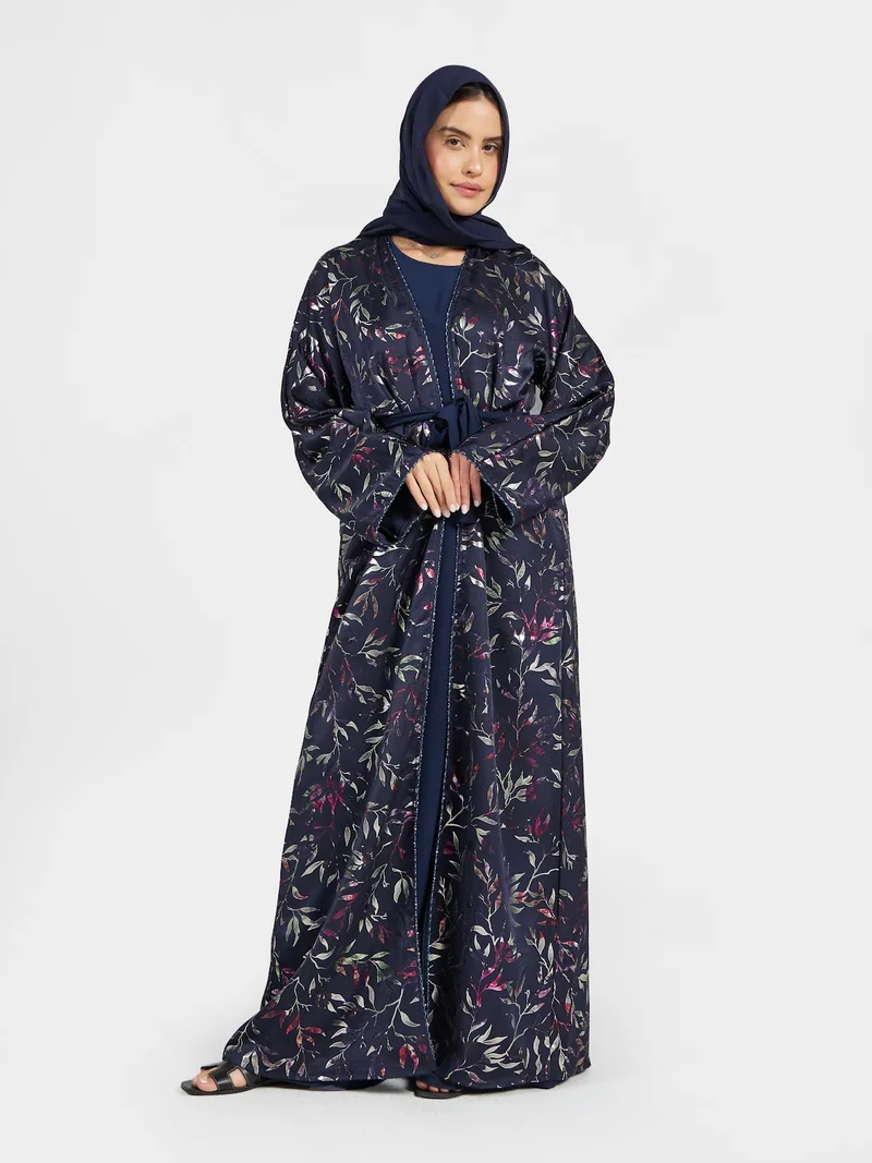 Reem Abayas Navy Blue Metallic Leaf Print Open Abaya - Shimmering Modest Outerwear