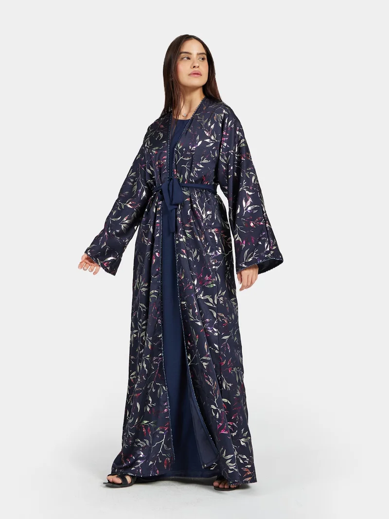Reem Abayas Navy Blue Metallic Leaf Print Open Abaya - Shimmering Modest Outerwear
