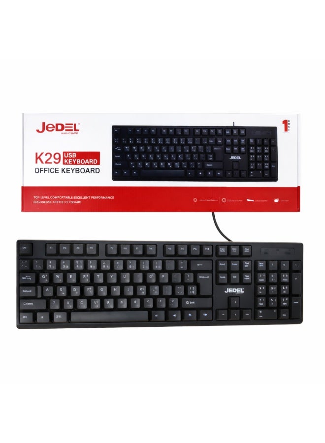 Jedel K29 Wired USB Keyboard, Spill-Proof, Quiet Keys, Narrow Frame, Black - Image 3