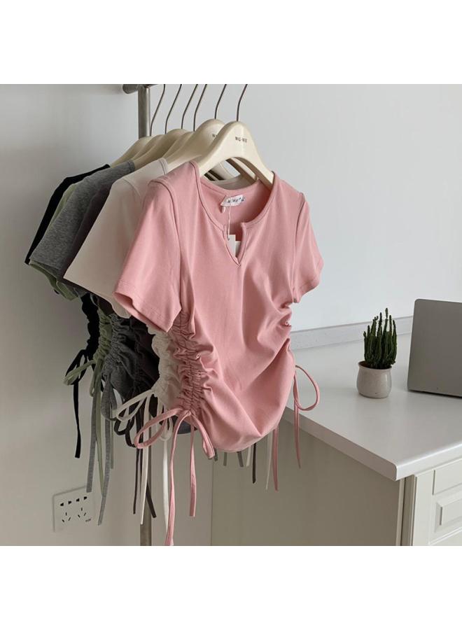 VUELO Summer New Design Sense Niche Hot Girl Shoulder Short Sleeve Korean Style Top Women's T-shirt Slimming V-neck Yoga Clothes  - Image 2