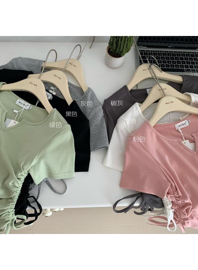 VUELO Summer New Design Sense Niche Hot Girl Shoulder Short Sleeve Korean Style Top Women's T-shirt Slimming V-neck Yoga Clothes  - Image 3