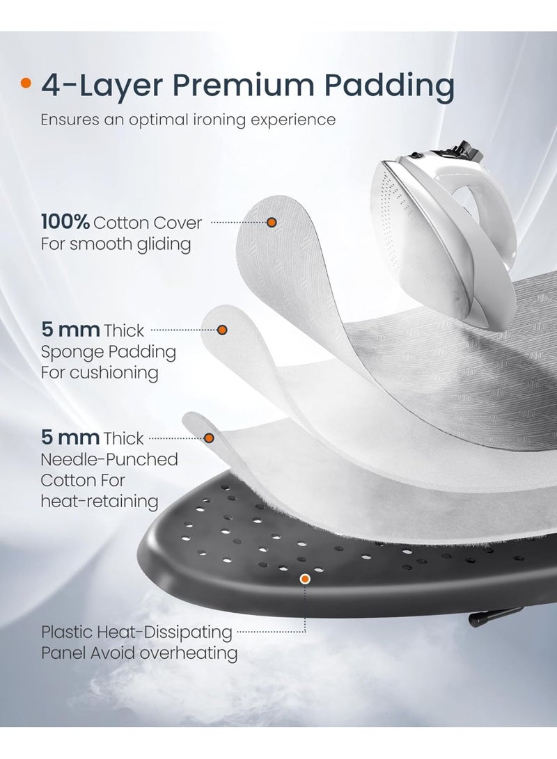 SONGMICS HOME طاولة كي، طاولة كي قابلة للطي، قابلة لتعديل الارتفاع حتى 35 بوصة، مع غطاء ووسادة مكونة من 4 طبقات، حامل مكواة، خطاف، أرجل X من الصلب، للاستخدام في المنزل، غرفة الغسيل، السكن الجامعي، رمادي دافئ - Image 1