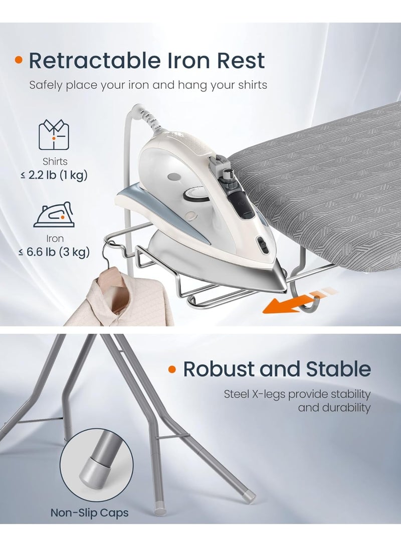 SONGMICS HOME طاولة كي، طاولة كي قابلة للطي، قابلة لتعديل الارتفاع حتى 35 بوصة، مع غطاء ووسادة مكونة من 4 طبقات، حامل مكواة، خطاف، أرجل X من الصلب، للاستخدام في المنزل، غرفة الغسيل، السكن الجامعي، رمادي دافئ - Image 3