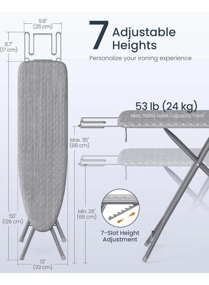 SONGMICS HOME طاولة كي، طاولة كي قابلة للطي، قابلة لتعديل الارتفاع حتى 35 بوصة، مع غطاء ووسادة مكونة من 4 طبقات، حامل مكواة، خطاف، أرجل X من الصلب، للاستخدام في المنزل، غرفة الغسيل، السكن الجامعي، رمادي دافئ - Image 4