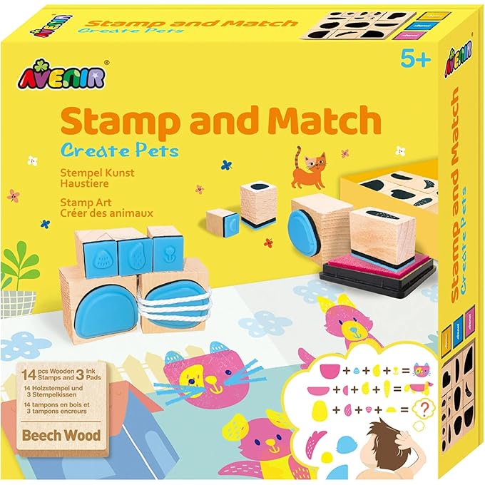 Avenir Stamp and Match - Create Pets | Craft Imaginative Little Pets with 15 Wooden Stamps, Spark Imagination & Cognitive Development | Exciting Craft Kit for Kids 3+