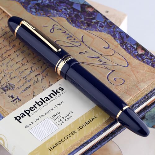 erofa Majohn P141 Piston Fountain Pen NO.8 Fine Nib, Blue Resin with Ink Window Writing Gift Pen with Box, Gold Trim - Image 5