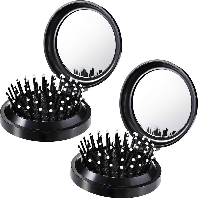 Boao 2 Pack Foldable Travel Mirror Hair Brushes Round Portable Folding Pocket Hair Brush Mini Comb Compact Travel Size Massage Comb for Men Women(Black) - Image 1