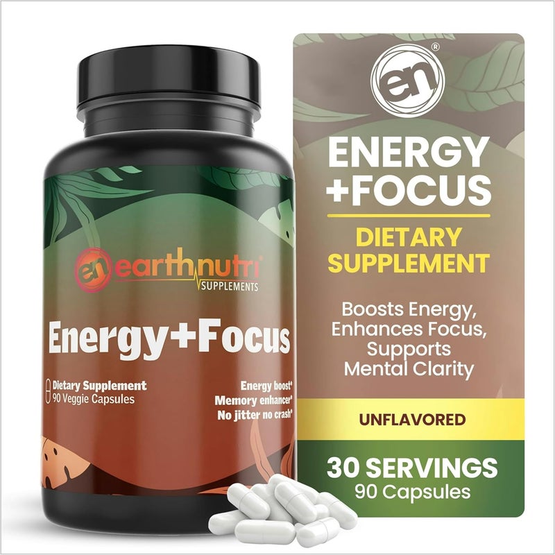 EarthNutri Energy  Focus Supplement  Energy Boost  Memory Enhancer with PeakO2 AlphaSize Cognizin PurCaf Theacrine Acetyl LCarnitine and LTyrosine  3 Capsules Per Serving - Image 1