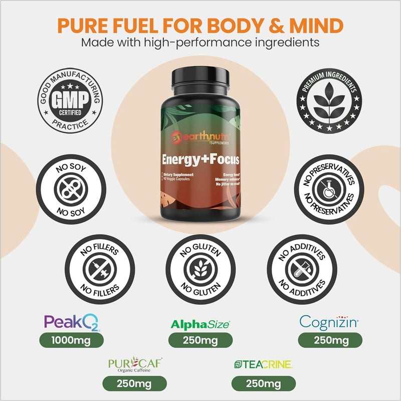 EarthNutri Energy  Focus Supplement  Energy Boost  Memory Enhancer with PeakO2 AlphaSize Cognizin PurCaf Theacrine Acetyl LCarnitine and LTyrosine  3 Capsules Per Serving - Image 3