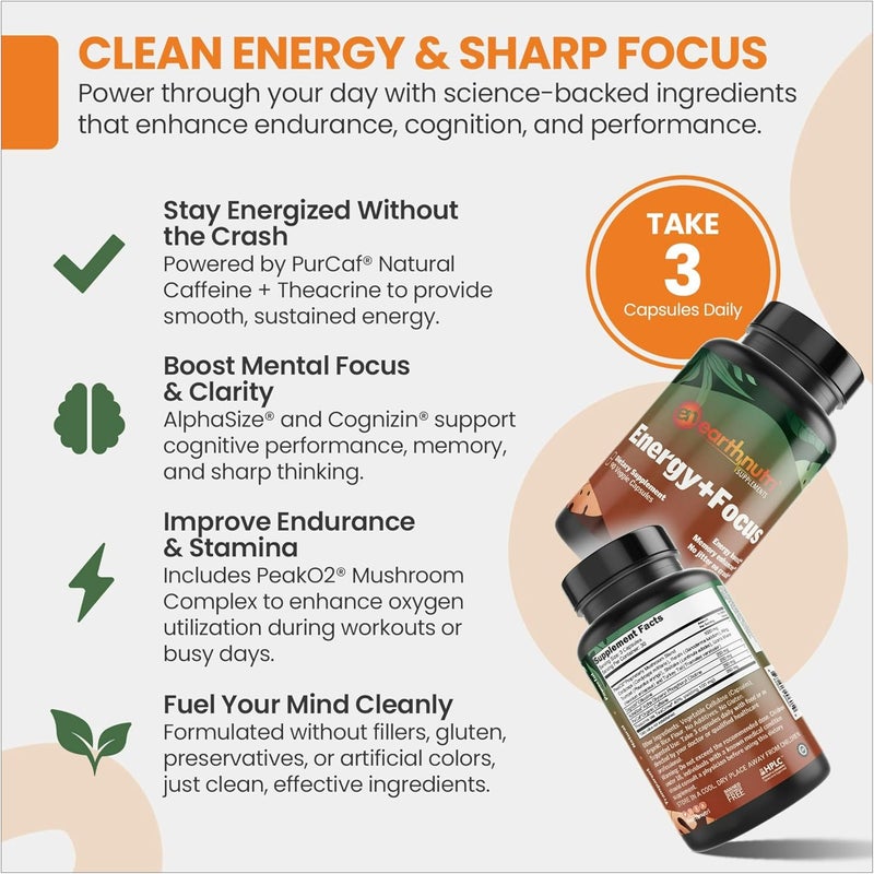 EarthNutri Energy  Focus Supplement  Energy Boost  Memory Enhancer with PeakO2 AlphaSize Cognizin PurCaf Theacrine Acetyl LCarnitine and LTyrosine  3 Capsules Per Serving - Image 2