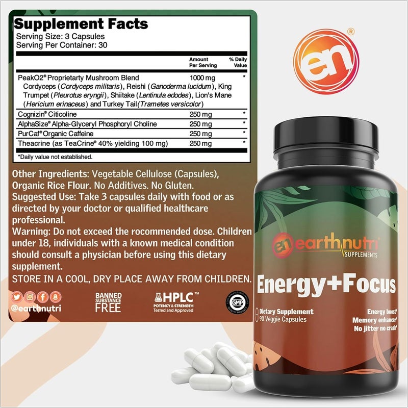 EarthNutri Energy  Focus Supplement  Energy Boost  Memory Enhancer with PeakO2 AlphaSize Cognizin PurCaf Theacrine Acetyl LCarnitine and LTyrosine  3 Capsules Per Serving - Image 4