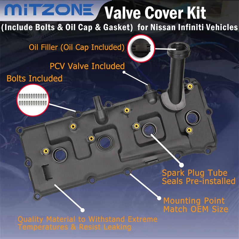 MITZONE مجموعة غطاء الصمام مع البراغي وغطاء الزيت والحشوات وأختام أنبوب شمعات الإشعال وصمام PCV متوافقة مع 2004-2016 نيسان أرمادا NV2500 NV3500 باثفايندر تايتان إنفينيتي QX56 5.6L #13264-ZE01A 13264-ZE00A - Image 4