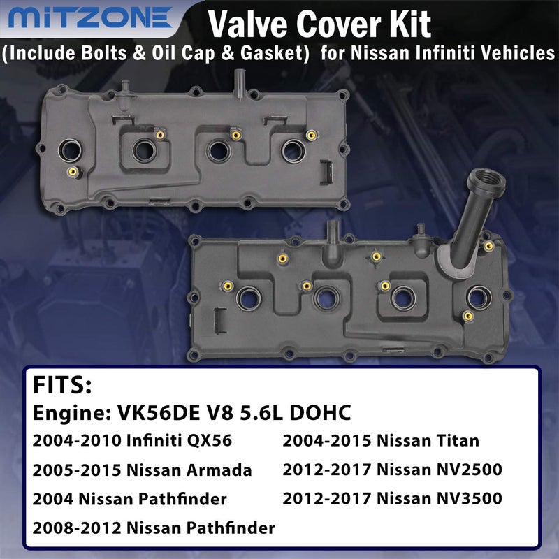 MITZONE مجموعة غطاء الصمام مع البراغي وغطاء الزيت والحشوات وأختام أنبوب شمعات الإشعال وصمام PCV متوافقة مع 2004-2016 نيسان أرمادا NV2500 NV3500 باثفايندر تايتان إنفينيتي QX56 5.6L #13264-ZE01A 13264-ZE00A - Image 2