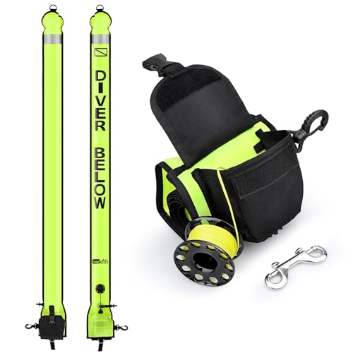 Owekfifv Surface Marker Buoy Scuba with Reel, 6ft/180cm High Visibility Diving Open Bottom Signal Tube Safety Sausage with Pouch Bag, 100ft ABS Dive Reel and Steel Double-Ended Bolt Snap (Yellow) - Image 1