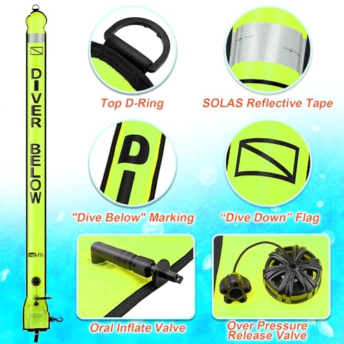 Owekfifv Surface Marker Buoy Scuba with Reel, 6ft/180cm High Visibility Diving Open Bottom Signal Tube Safety Sausage with Pouch Bag, 100ft ABS Dive Reel and Steel Double-Ended Bolt Snap (Yellow) - Image 5