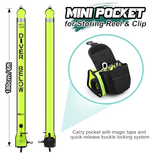Owekfifv Surface Marker Buoy Scuba with Reel, 6ft/180cm High Visibility Diving Open Bottom Signal Tube Safety Sausage with Pouch Bag, 100ft ABS Dive Reel and Steel Double-Ended Bolt Snap (Yellow) - Image 3