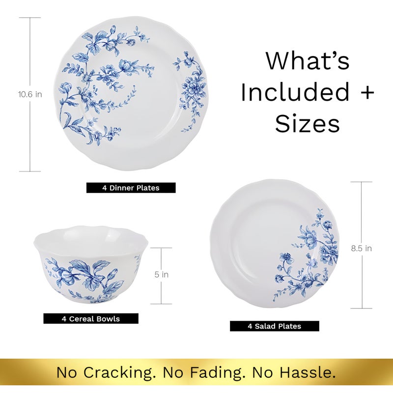 222 Fifth 12-Piece Porcelain Dinnerware Set for 4, White & Blue Plates and Bowls Set, Glossy Ceramic Dish Set with Beautiful Floral Design, Elegant Kitchen Dishes, Microwave & Dishwasher Safe, Bellamy - Image 2