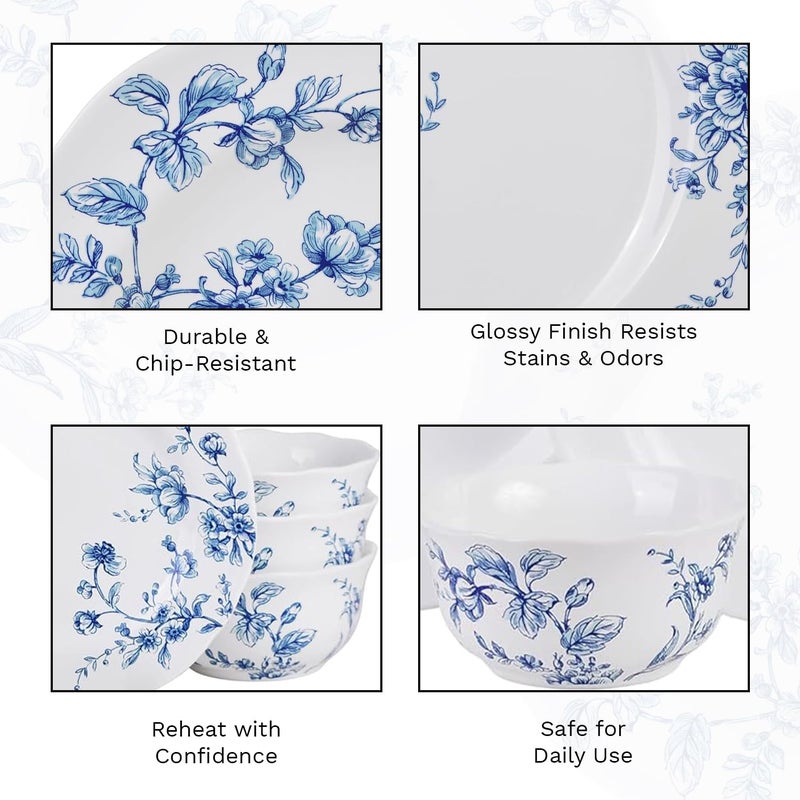 222 Fifth 12-Piece Porcelain Dinnerware Set for 4, White & Blue Plates and Bowls Set, Glossy Ceramic Dish Set with Beautiful Floral Design, Elegant Kitchen Dishes, Microwave & Dishwasher Safe, Bellamy - Image 5