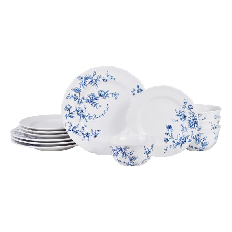 222 Fifth 12-Piece Porcelain Dinnerware Set for 4, White & Blue Plates and Bowls Set, Glossy Ceramic Dish Set with Beautiful Floral Design, Elegant Kitchen Dishes, Microwave & Dishwasher Safe, Bellamy - Image 1