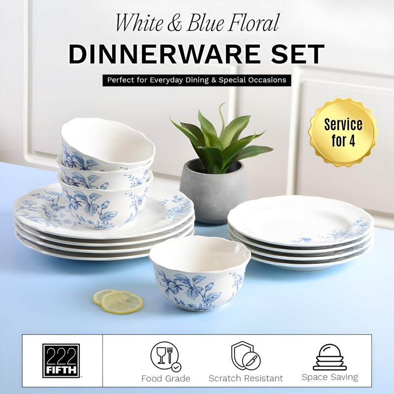 222 Fifth 12-Piece Porcelain Dinnerware Set for 4, White & Blue Plates and Bowls Set, Glossy Ceramic Dish Set with Beautiful Floral Design, Elegant Kitchen Dishes, Microwave & Dishwasher Safe, Bellamy - Image 3