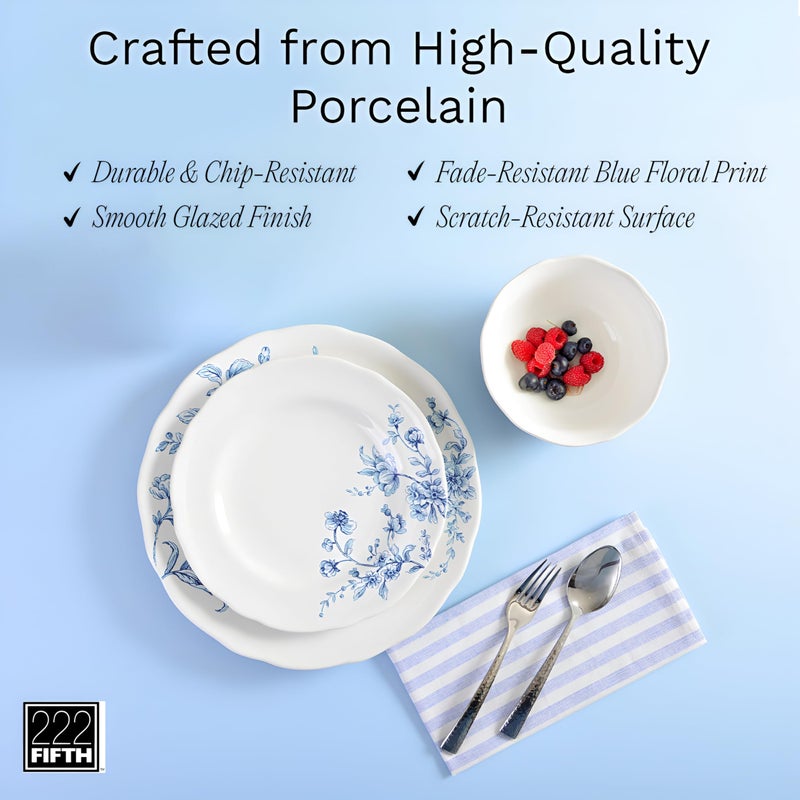 222 Fifth 12-Piece Porcelain Dinnerware Set for 4, White & Blue Plates and Bowls Set, Glossy Ceramic Dish Set with Beautiful Floral Design, Elegant Kitchen Dishes, Microwave & Dishwasher Safe, Bellamy - Image 4